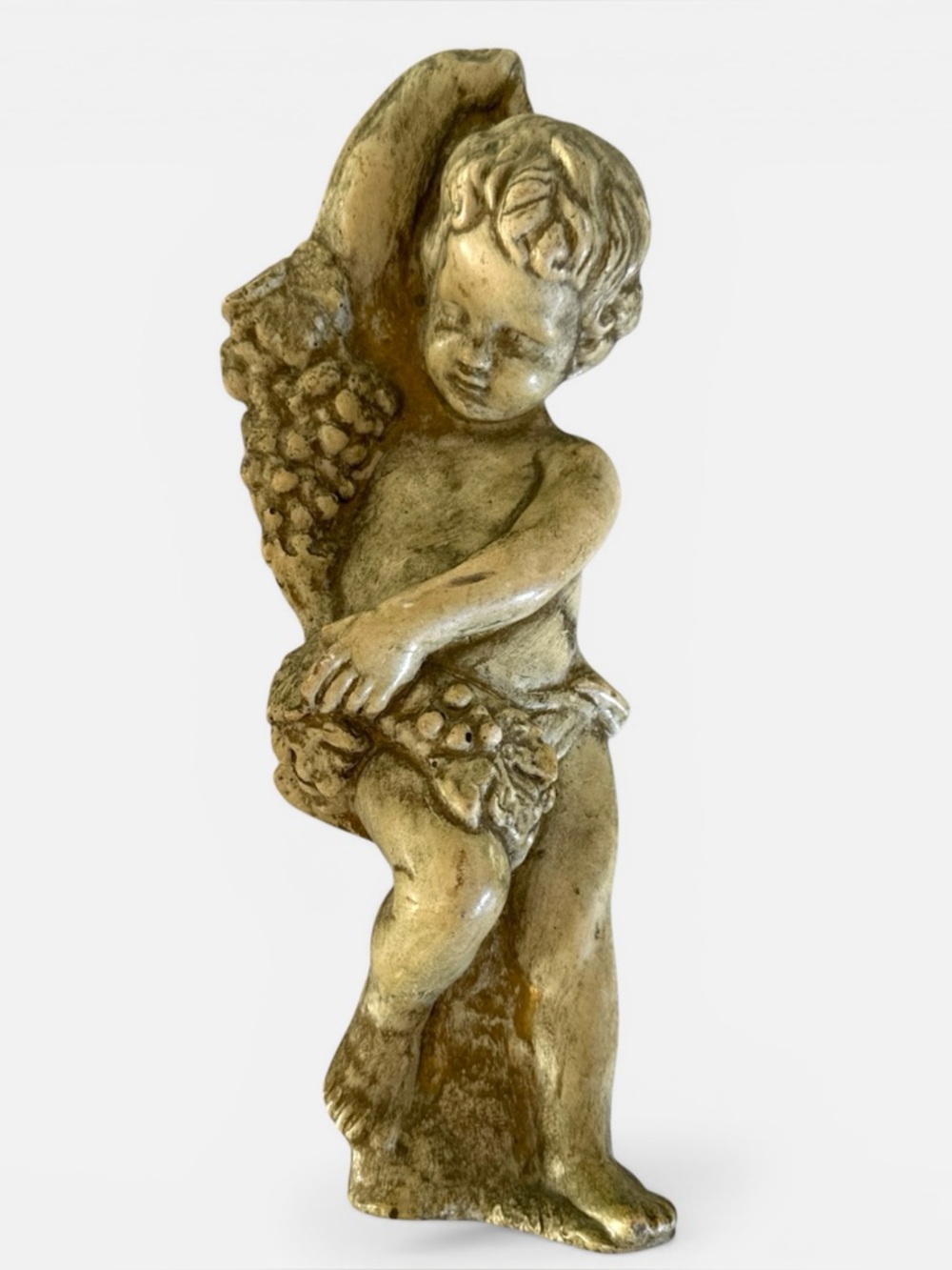 VINTAGE FLORENTINE CARVED WOOD ANGEL CHERUB HOLDING GRAPES